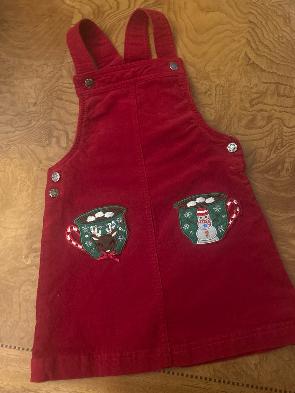 Tahari Red Corduroy Pinafore Dress with Holiday Mug Appliqués